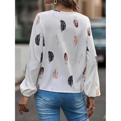 تی شرت زنانه V-Neck Feather Print T Shirt Casual Loose Fit بالا دست دراز