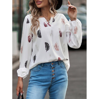 تی شرت زنانه V-Neck Feather Print T Shirt Casual Loose Fit بالا دست دراز