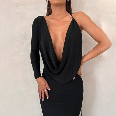 V گردن لباس شب باریک رنگ جامد کراوات یک شانه سیاه سوراخ لباس شب سکسی