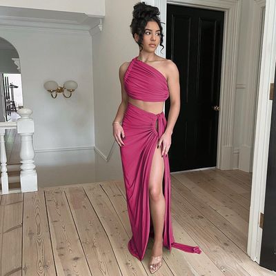 V گردن زنانه لباس کوتاه آستین مجموعه سکسی بدون پشت بدون کمربند بالا لاغری تقسیم دامن مجموعه