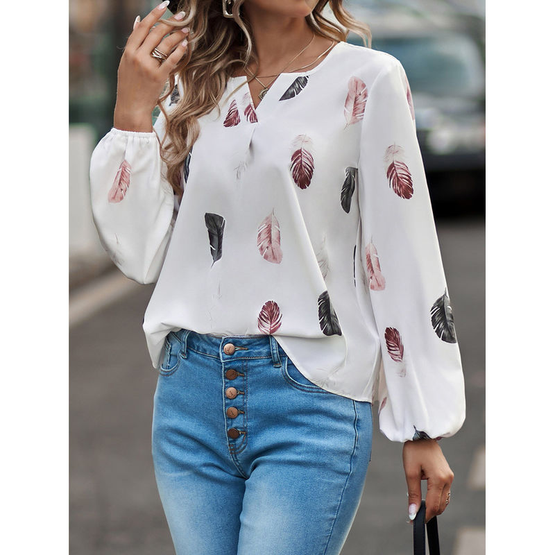 تی شرت زنانه V-Neck Feather Print T Shirt Casual Loose Fit بالا دست دراز